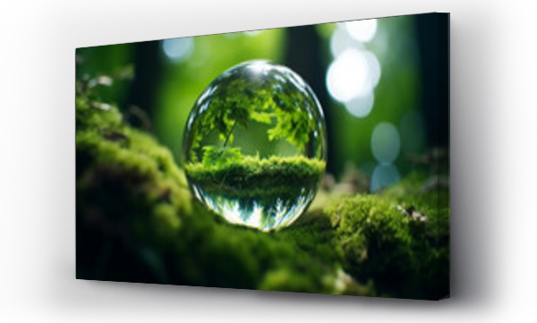 Wizualizacja Obrazu : #678949447 A green tree seen through the lens ball. A lens ball on green moss., Green nature in the water ball