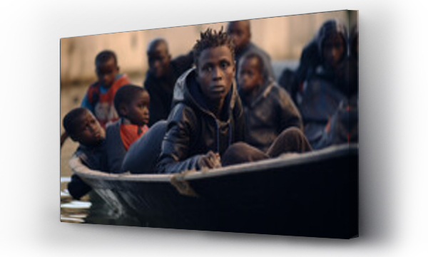 Wizualizacja Obrazu : #679042438 Portrait of homeless african black children and teenagers sitting in boat, they are migrants on their way to Europe
