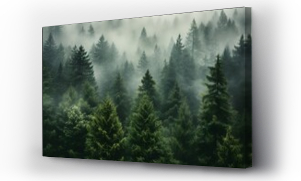 Wizualizacja Obrazu : #679127157 view of a green alpine trees forest with mountains at back covered with fog and mist in winter