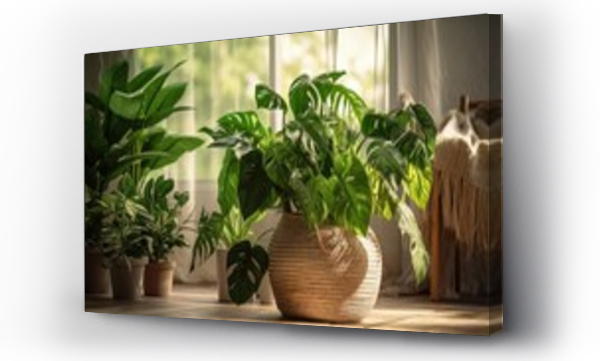 Wizualizacja Obrazu : #679320674 Houseplant domestic jungle garden organization fresh natural plant in pots variegated monstera at room. Home gardening tropical flower growing in paper bag basket placing on table floor with windows