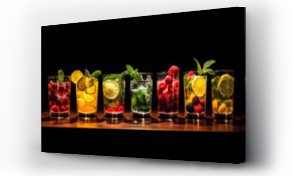 Wizualizacja Obrazu : #679381234 Fresh fruit cocktails closeup food photography low angle