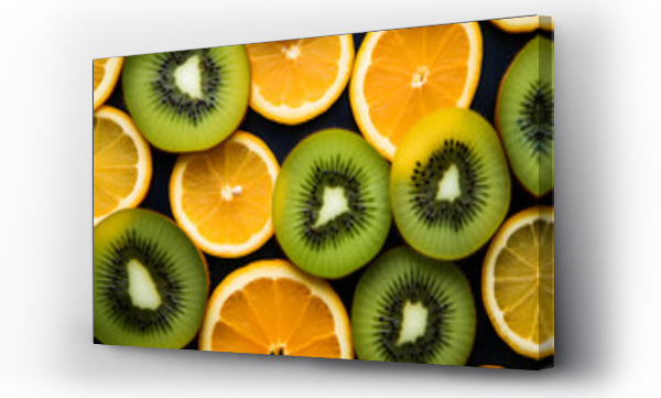 Wizualizacja Obrazu : #679710010 background of flat slices of orange, lemon and kiwi. Fresh fruit