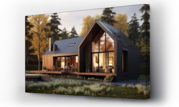 Wizualizacja Obrazu : #679725535 Modern barn house with a stylish exterior and facade. Concept of an eco-friendly house. Scandinavian style Barnhouse in the woods.