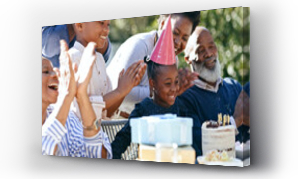 Wizualizacja Obrazu : #679985942 Child, grandparents or black family in backyard for a happy birthday, celebration or growth together. Smile, clapping or excited African people with cake, love or kids in a fun party, nature or park
