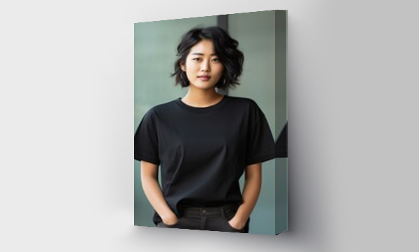 Wizualizacja Obrazu : #679987449 25 year old asian woman wearing a plain black tshirt on a studio background - mockup template