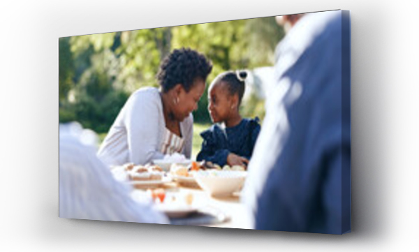 Wizualizacja Obrazu : #679990363 Smile, mother or daughter with lunch in garden, food or nature relax for vacation together with love. Black people, woman or child as happy family, reunion and care bonding for brunch table in park
