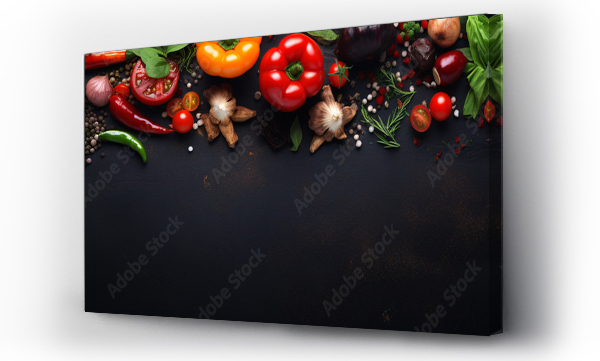 Wizualizacja Obrazu : #680046477 Food background at black kitchen table, Ingredients for cooking, vegetarian food. Long banner format.