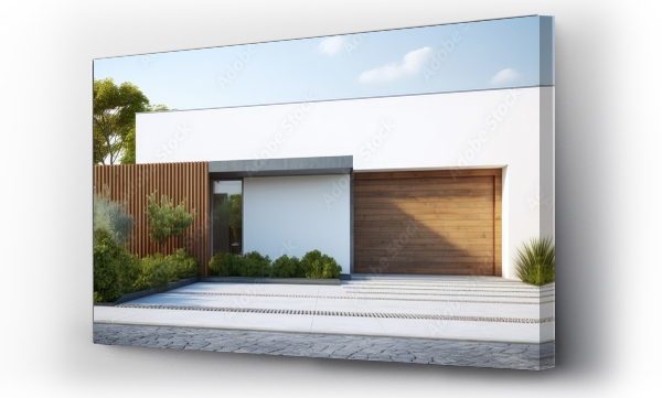 Wizualizacja Obrazu : #680085582 Minimal architecture is depicted in a 3D rendering of a contemporary white house with a garage entrance Copy space image Place for adding text or design