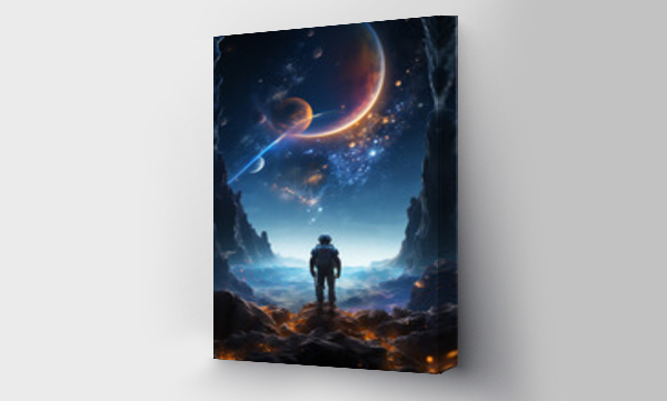 Wizualizacja Obrazu : #680099602 a man in space suit looking at planets and stars