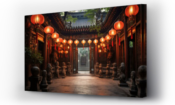 Wizualizacja Obrazu : #680240743 Courtyard of heritage house adorned with red lanterns. Traditional Chinese architecture. 2024 Lunar New Year. Design for cultural poster, travel banner, or backdrop