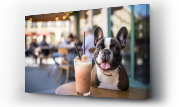 Wizualizacja Obrazu : #680261979 happy french bulldog having a smoothie in public plazas and squares background