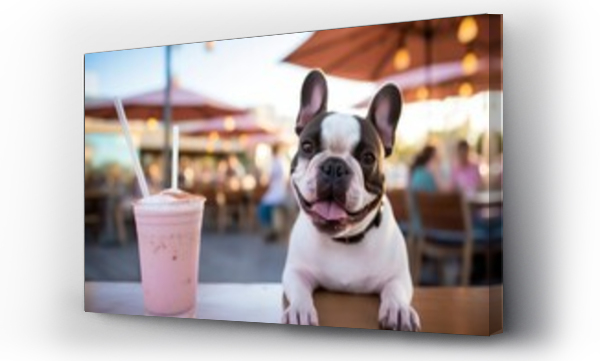 Wizualizacja Obrazu : #680262022 happy french bulldog having a smoothie on public plazas and squares background