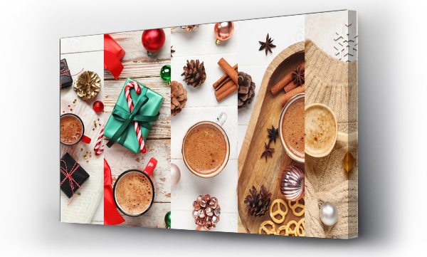 Wizualizacja Obrazu : #680384701 Collage of Christmas decorations, gifts and cups of coffee