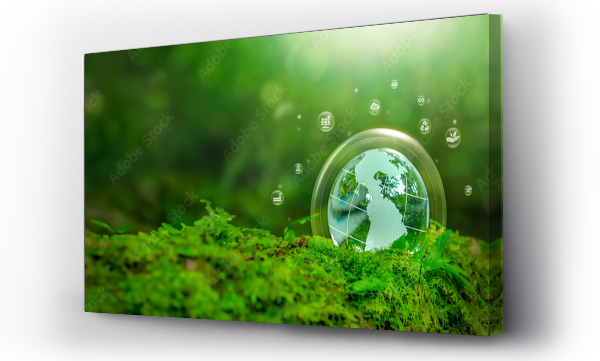 Wizualizacja Obrazu : #680443162 Crystal globe placed on moss. ESG icon. Concept for environment. Society and Governance sustainable global environment concept