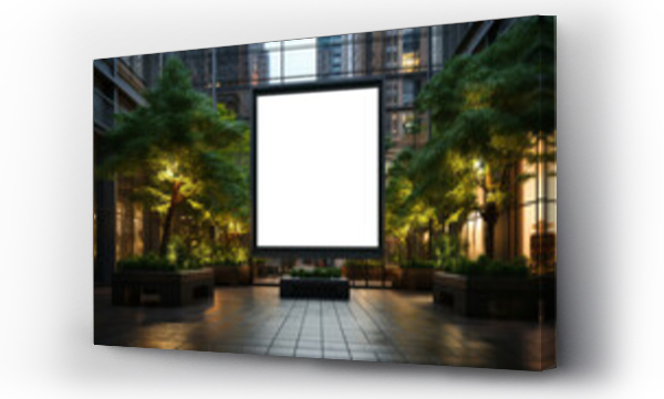 Wizualizacja Obrazu : #680562562 Evening view of a blank billboard in a plaza with vibrant trees and architectural lighting. Urban advertising concept. Generative AI