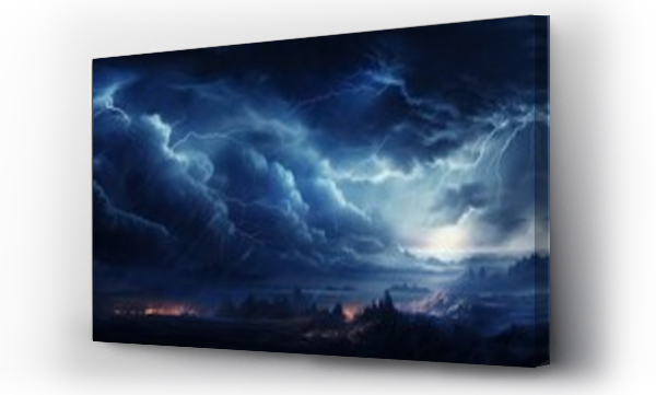 Wizualizacja Obrazu : #680579839 A stormy sky with dark, swirling clouds and flashes of lightning, symbolizing a tumultuous emotional state. The landscape below is rugged and chaotic, mirroring the intensity of the storm above.