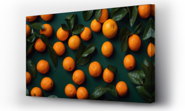 Wizualizacja Obrazu : #680665918 Oranges and green leaves on dark green background
