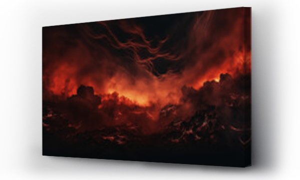 Wizualizacja Obrazu : #680873840 Black fiery red dramatic sky with clouds. Fire, war, explosion, catastrophe, flame. Horror concept. Web banner. Wide bloody red background with space for design. Panoramic. made with generative ai