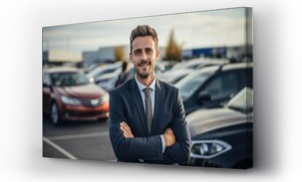 Wizualizacja Obrazu : #681133083 Portrait, smile and a man arms crossed at a dealership for car sale in a commercial parking lot.
