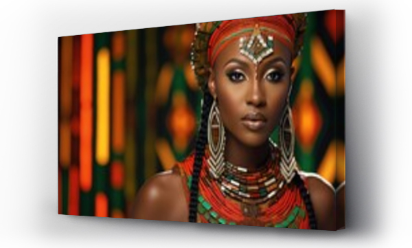 Wizualizacja Obrazu : #681668682 African woman wearing traditional national clothing and head wrapper. Black History Month concept. Black beautiful lady close-up portrait dressed in colourful cloth and jewellery. .