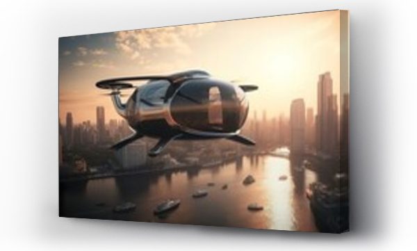 Wizualizacja Obrazu : #681764866 Passenger transportation of the future. Air vehicle, flying car drone air taxi. Electric eco self-driving passenger drone aircraft flying in the sky above the city. Sci fi ship futuristic future