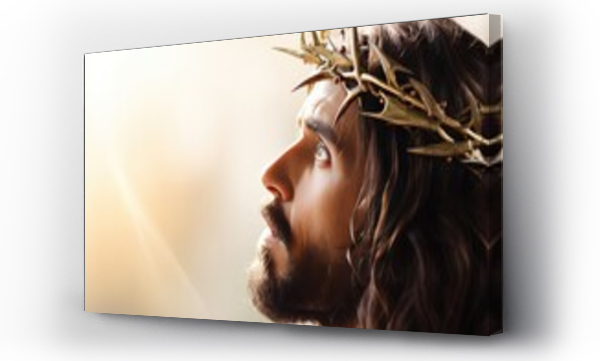 Wizualizacja Obrazu : #682202987 Jesus with bloody crown of thorns on His head over light background. Jesus Christ in agony praying before crucifixion. Good Friday, Passion, Easter concept. Gospel, salvation