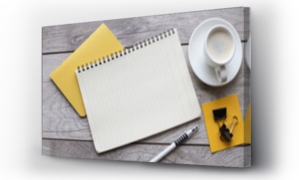 Wizualizacja Obrazu : #682218849 Blank notepad on yellow notepad and cup of coffee on wooden table in office