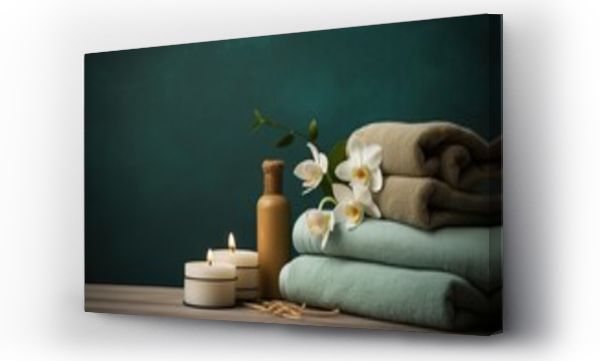 Wizualizacja Obrazu : #682250414 Towel on fern with candles and black hot stone on wooden background. Beauty spa