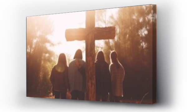 Wizualizacja Obrazu : #682329112 Kids, children holding hands and praying around wooden christian cross. Church worship, believe, camp concept