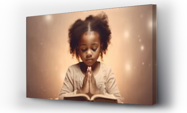 Wizualizacja Obrazu : #682430255 Little black girl on knees holding hands and praying in the morning, pastel neutral background. Christianity, faith, spirituality, religion, salvation, peace, faith concept. Kid praying to God