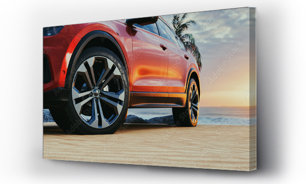 Wizualizacja Obrazu : #682629765 Red car parked on the beach at sunset.3d, rendering, illustration,