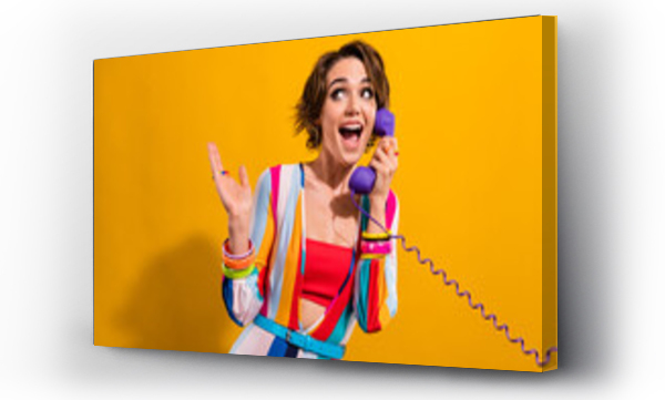 Wizualizacja Obrazu : #682893683 Photo of impressed funky lady wear striped costume talking phone looking empty space isolated yellow color background
