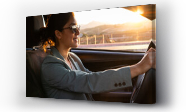 Wizualizacja Obrazu : #683104765 Happy businesswoman in sunglasses driving car