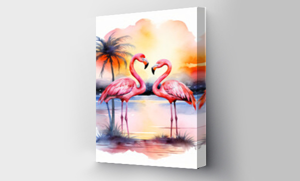 Wizualizacja Obrazu : #683201447 Watercolor Flamingo Beach Sunset isolated on white background