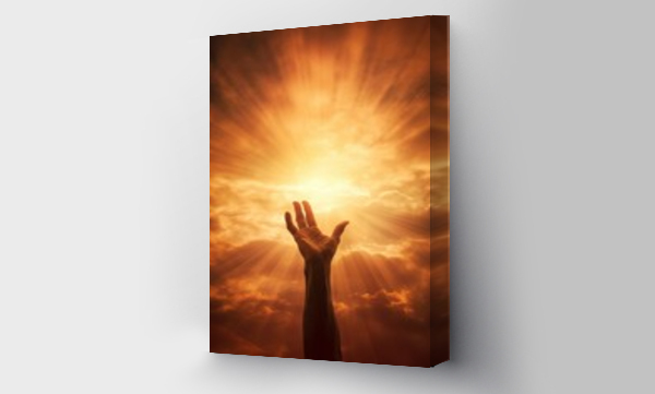 Wizualizacja Obrazu : #683239218 inspirational hand reaching out to faith, the sky with the sun behind. reaching for Gods love  