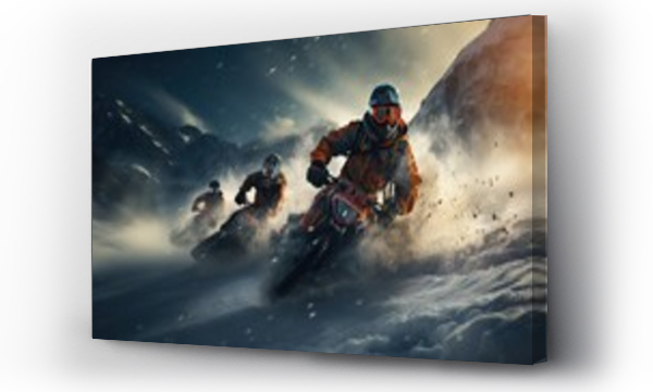 Wizualizacja Obrazu : #683251607 extreme sports enthusiasts on motorcycles ride along a snow-covered mountain road in a snowstorm, banner,