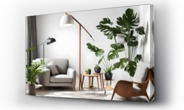 Wizualizacja Obrazu : #683368713 a modern living room where a sleek floor lamp, a vibrant potted monstera plant, and a stylish wooden lounge chair with muted gray cushions are strategically arranged against a clean white wall. 