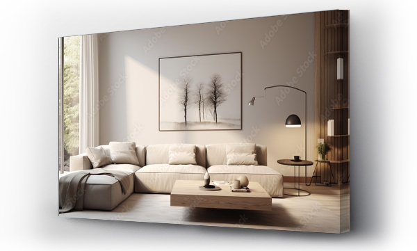 Wizualizacja Obrazu : #683574104 Create a modern minimalist living room with a neutral color palette. Capture it from the corner of the room to showcase the sleek furniture and clean lines.
