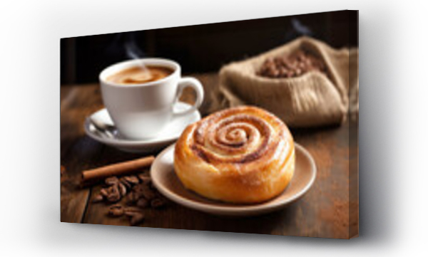 Wizualizacja Obrazu : #683835381 Cinnamon roll with a cup of coffee for dessert sweet food panorama on a wooden board