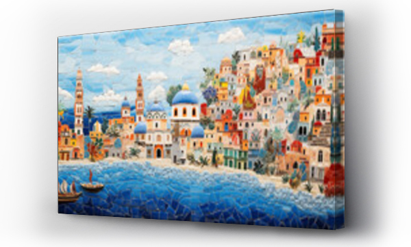 Wizualizacja Obrazu : #683837231 Landscape of a Mediterranean town on a hot summer afternoon, view from the sea. Mosaic tapestry style.