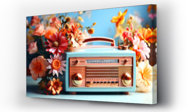 Wizualizacja Obrazu : #683848379 Retro radio with flowers around, holiday card, advertising music concept web banner