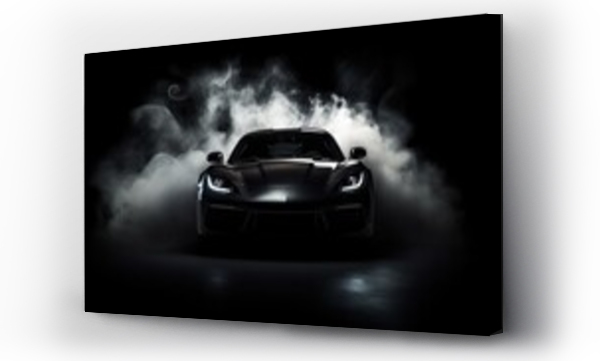 Wizualizacja Obrazu : #683942890 Black sports car on a black background in the center. Smoke and spotlights