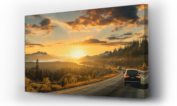 Wizualizacja Obrazu : #684156418 A car driving down a road next to a forest at sunset. Large panoramic image.