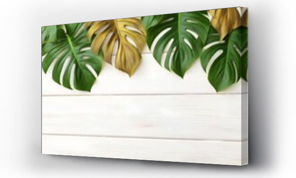 Wizualizacja Obrazu : #684217663 gold and green monstera plant leaves on white wooden table for card decor background