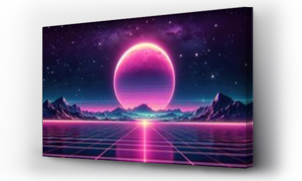 Wizualizacja Obrazu : #684250765 Abstract retro sci-fi grid 80s, 90s neon colors night and sunset, vintage cyberpunk illustration, retro synthwave style neon landscape background.