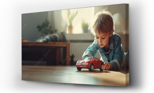 Wizualizacja Obrazu : #684605988 Cute little child boy playing with red big car toy sitting on the floor in his play room