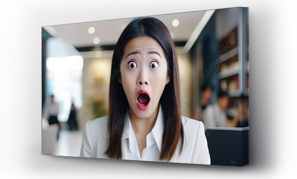 Wizualizacja Obrazu : #684651539 Amazed Asian businesswoman reacts to camera says wow in office Shocked female student celebrates good news indoors copy space image