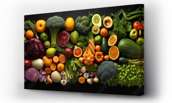 Wizualizacja Obrazu : #684837418 Assorted fresh vegetables and fruits on dark background, top view flat lay composition