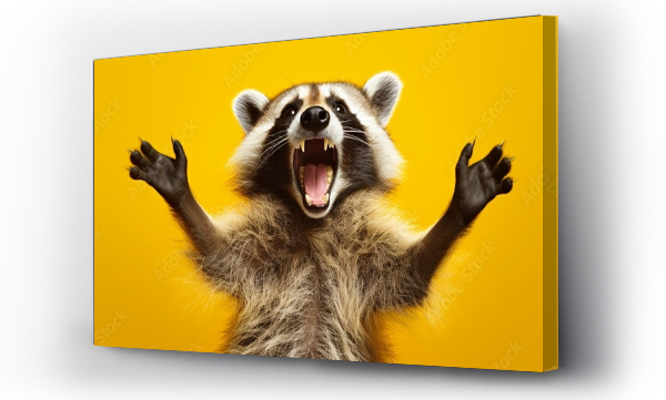 Wizualizacja Obrazu : #684887265 Excited raccoon with a big smile and arms raised in celebration on yellow.