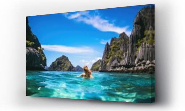 Wizualizacja Obrazu : #685055081 Young woman in the lagoon of El Nido, Palawan, Philippines, A young woman swimming in clear sea water in a lagoon and looking at a beautiful landscape, AI Generated